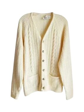Vintage Cardigan Women XL Wool Blend Cable Knit Button Front V-neck Beige Pocket